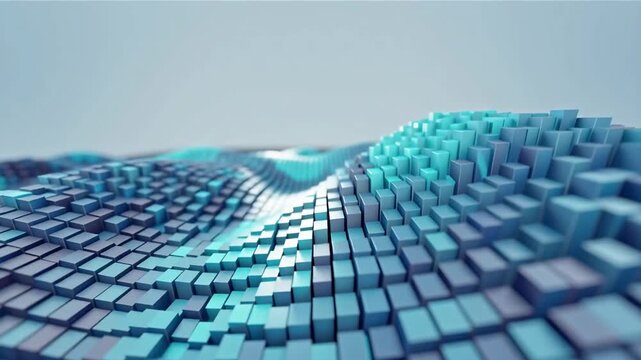 3D cubic wave landscape of undulating cyan and blue geometric blocks. Futuristic digital data motion background with depth of field and copy space for tech concepts.