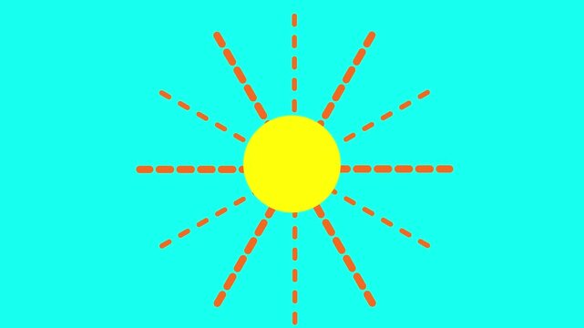 Bright yellow sun with radiating orange dashed lines and dots against a vibrant turquoise blue background representing a cheerful sunny day or summer weather concept Keywords: sun, yellow, orange