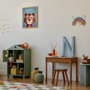 Stylish children room with creative toys, cozy seating, and pastel decor in natural light. Mock up poster.