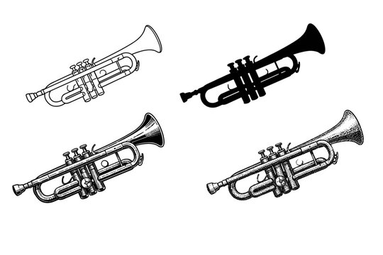 Vector set of four trumpet illustrations featuring diverse graphic styles: clean minimalist outline, solid black silhouette, classic vintage engraving, and detailed stippled pointillism art.