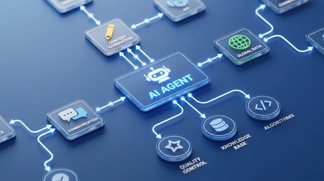 Ai agent central hub network diagram illustrating digital workflow integration with connected nodes for data processing machine learning algorithms quality control and knowledge base systems