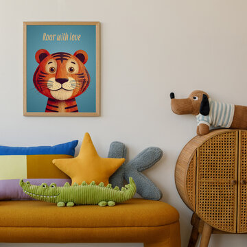 Bright and inviting kid room featuring a mustard bench, plush pillows,, mock up poster and a hanging flower mobile on a clean white wall.