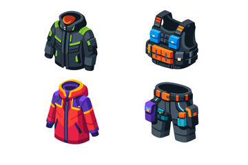 Naklejka premium 3D perspective tech-fashion wardrobe elements. Multi-colored tactical apparel like multi-pocket vests, future-style coats, and functional trousers. Ideal for gaming assets and interface UI.