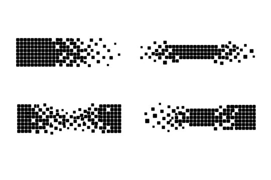 Black Pixel Art Fragmented Grid Banners Set. Rounded Block Elements with Broken Dispersion Effect. Digital Glitch and Data Decay Design for Modern Graphic Projects, Web Headers, and Tech Layouts.