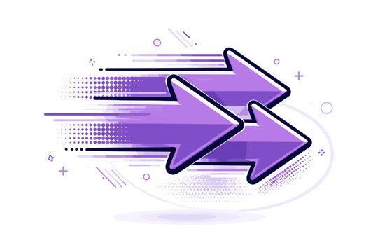 Dynamic vector illustration of three purple arrows with black outlines pointing right, representing forward movement, progress, growth, and speed with motion lines and halftone effects.