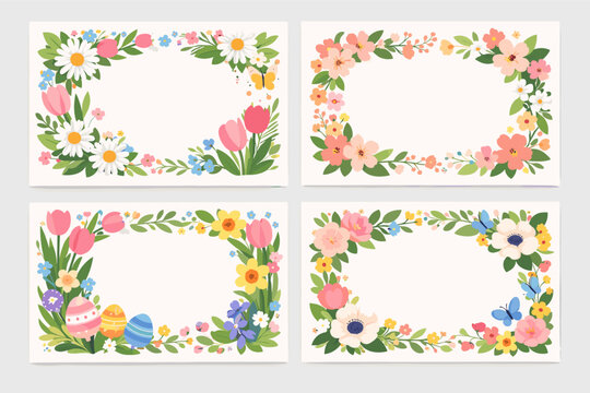 Set of Four Floral Spring Cards and Frames with Hand-Drawn Blossom Flowers, Tulips, Daisies, and Easter Eggs; Modern Poster, Cover, or Flyer Templates for Greeting Cards and Invitations.