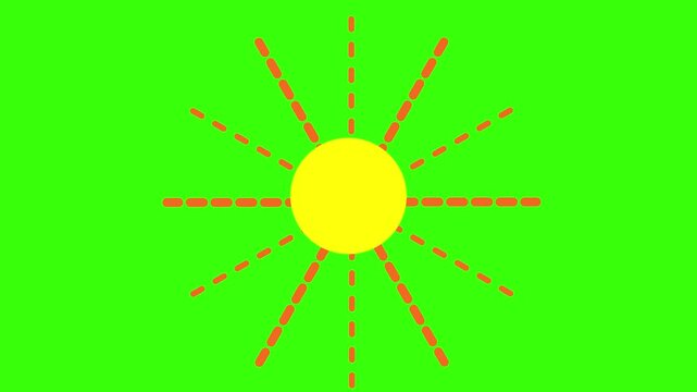 A vibrant yellow sun with orange dashed rays and dots set against a bright, solid green background evoking a playful and energetic summer or outdoor theme Keywords: sun, yellow, orange, green