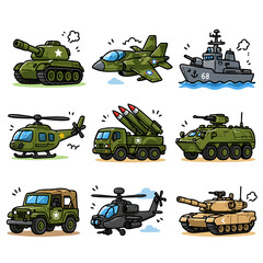 Fototapeta premium Colorful Doodle Military Vehicle Icon Set 3x3 Grid Flat Cartoon Style Vector Illustration