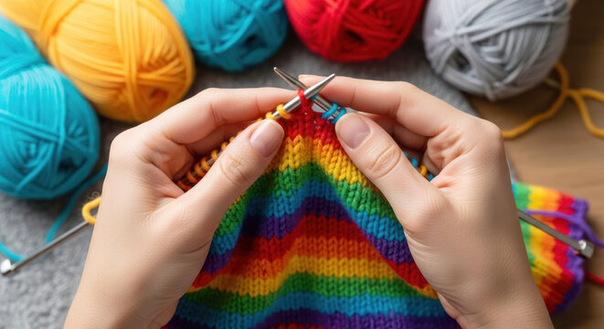 Hands of a person knitting a colorful rainbow pattern with knitting needles, surrounded by vibrant yarn balls in various colors