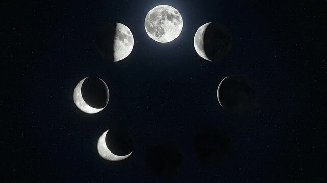 Celestial body phases shown in a circular arrangement against a starry night sky