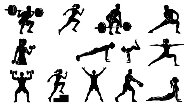 Fitness and Sport Silhouettes Set of People Exercising - Gym  Workout Glyphs