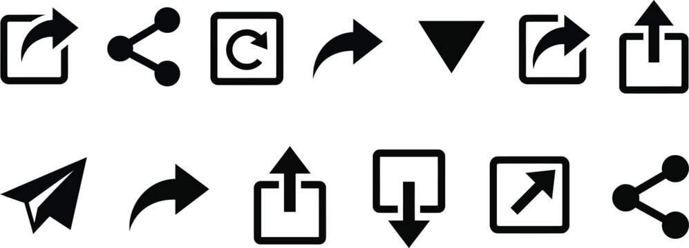 Set of black arrow and share icons on a white background