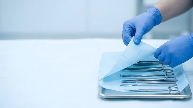 A person wearing blue gloves sets up surgical instruments on a tray. The instruments are arranged neatly and ready for a procedure. The setting is likely in a hospital or clinic