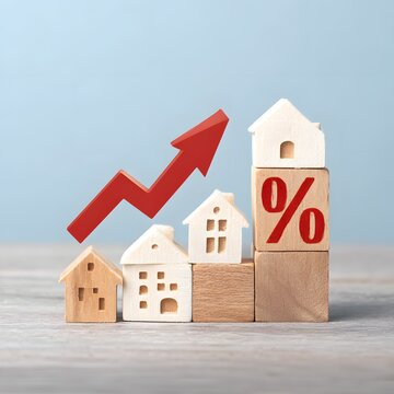4K mortgage increase graphic with wooden arrow and house icons banner