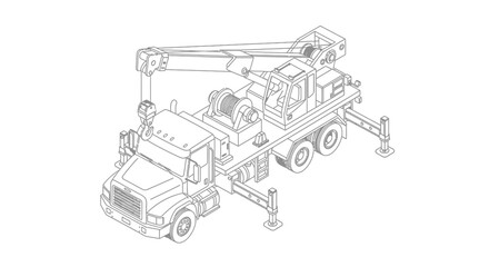 Obraz premium Isometric line drawing of a mobile crane truck with its outriggers extended and boom raised, showcasing its mechanical components and construction.