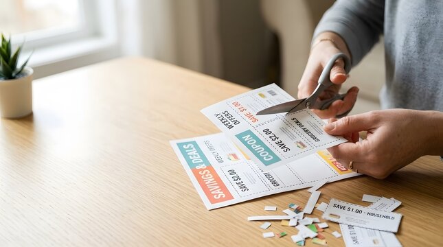 A person cuts out coupons for savings on groceries and other items at a wooden table. She gathers cut coupons and small scraps. Sunlight shines through the window
