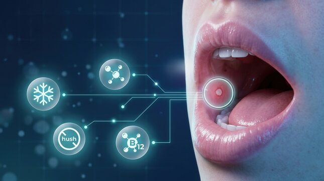 3d mouth with glowing canker sore under protective film, healing icons for oral ulcers and canker sores relief tech
