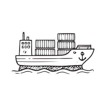 Hand-drawn illustration of a cargo ship transporting goods across the sea