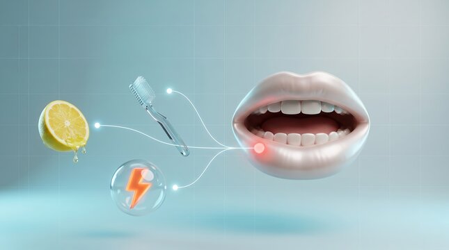 A 3d mouth with glowing sore, trigger icons like lemon and toothbrush for oral ulcers and canker sores causes