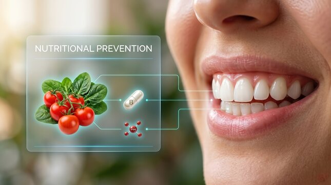 A healthy mouth with nutrient icons like vitamins and greens for oral ulcers and canker sores prevention care