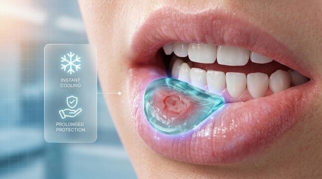 An inner lip with canker sore under protective gel for oral ulcers and canker sores rapid relief and comfort