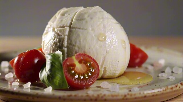 Close up of a creamy burrata ball on a plate, featuring a glossy wrinkled surface, surrounded by cherry tomatoes, basil leaves, olive oil, and sea salt flakes.