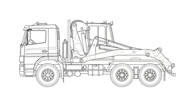 Detailed line drawing illustration of a heavy-duty hooklift truck, showcasing its mechanical arm and chassis from a side profile view.