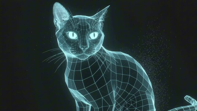 Hologram cyan cat sitting and turning head, glowing neon low poly wireframe mesh body with bright eyes and soft particle sparkles, futuristic digital pet concept.