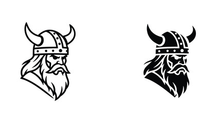 Viking warrior head logo design featuring a bearded Norse fighter wearing a traditional horned helmet for historical branding sports teams or gaming avatars in clean black and white vector style © Zenith