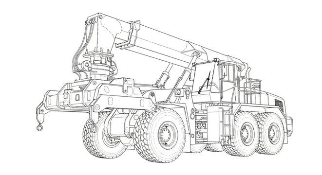 Wireframe illustration of a heavy-duty mobile crane with multiple axles and a prominent boom, showcasing its mechanical complexity and robust design.