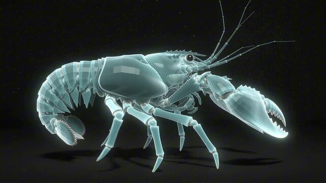 Hologram cyan polygonal lobster walking sideways, glowing 3D wireframe body with articulated claws and floating particle dust, futuristic marine concept.