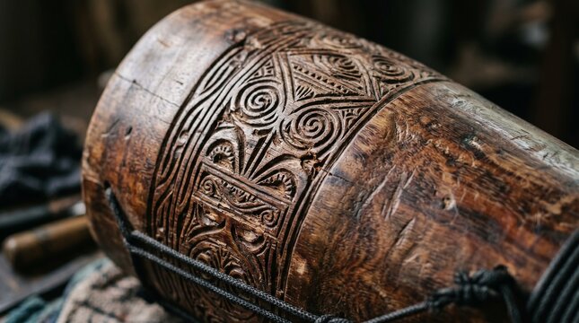 Macro texture of Tifa drum carvings, ideal for design background, texture use, and cultural visuals.