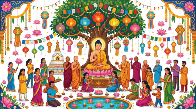 Buddhist devotees paying homage to Buddha under the Bodhi tree during Vesak celebration.