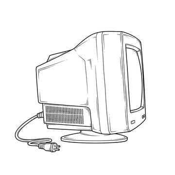 Retro computer monitor with a coiled cable, drawing of an old television set with a speaker grille and plug