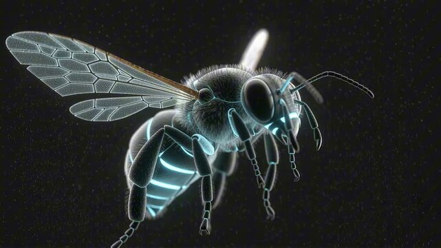 Hologram cyan bee hovering with flickering transparent neon wings, glowing body segments and floating particle dust, futuristic digital insect concept.