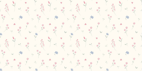 Obraz premium Seamless simple floral pattern with tiny flowers on beige background. Vector ditsy print for textiles, vintage wallpaper, and fabric blossom designs