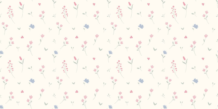 Seamless simple floral pattern with tiny flowers on beige background. Vector ditsy print for textiles, vintage wallpaper, and fabric blossom designs