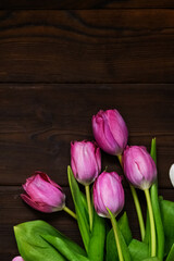 Fototapeta premium Fresh pink tulips arranged on dark wooden background with small heart decorations. Romantic spring composition with natural light and copy space. Concept of love, holiday, gift and seasonal freshness.
