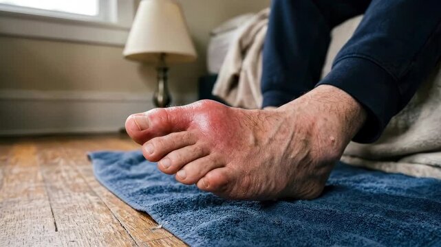 Metatarsophalangeal joint condition: swollen joint, excruciating pain, uric crystal, big toe, podagra flare, medical diagnosis, chronic disease, health problem, human body, physical discomfort.