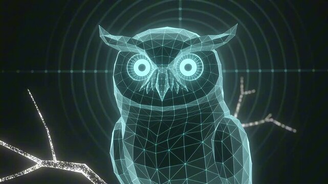 Hologram cyan polygonal owl perched on a glowing branch, blinking eyes with a rotating radial light pattern background, futuristic digital bird concept.