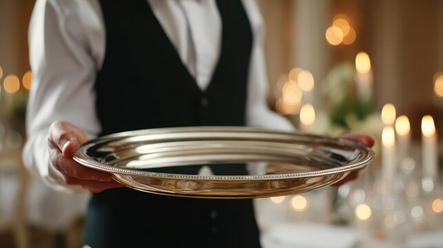 Waiter presenting a polished silver platter in a fine dining setting, ready for item placement