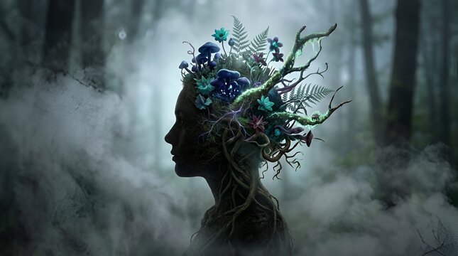 Enigmatic forest woman with plant and mushroom crown surrounded by mist