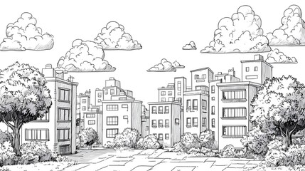 Obraz premium 4K urban landscape drawing with detailed skyscrapers and greenery photo
