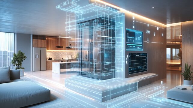 A futuristic smart home interior with transparent digital overlay