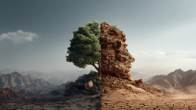 A striking visual metaphor showing a human face split between a lush green tree and barren, cracked earth, representing environmental contrast.
