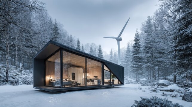 Modern eco-friendly cabin with large glass windows powered by wind turbine in snowy winter forest landscape