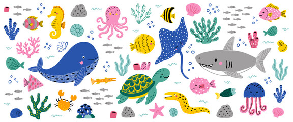Cute sea animals. Funny hand-drawn marine creatures: whales, fish, turtles, jellyfish, crabs, squid, seahorses, and killer whales. Vector set of sea creatures on white background. © Анна Чміль