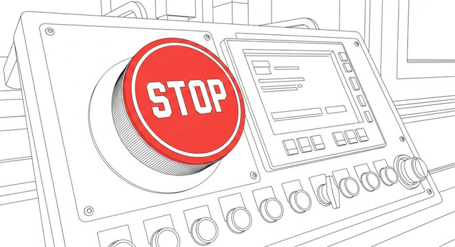 A red stop button on an industrial control panel showcases technology and safety features.