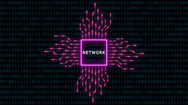 Digital network concept with glowing pink circuitry and binary code background, for technology and, data security