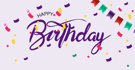 Light lavender happy birthday banner with purple handwritten lettering, colorful confetti, bunting flags, festive vector greeting design © Kay